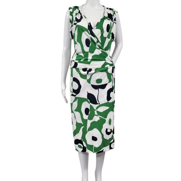 Banana Republic Geometric Preppy Twee Knee Length Wrap Dress Green/White Large - Picture 2 of 13